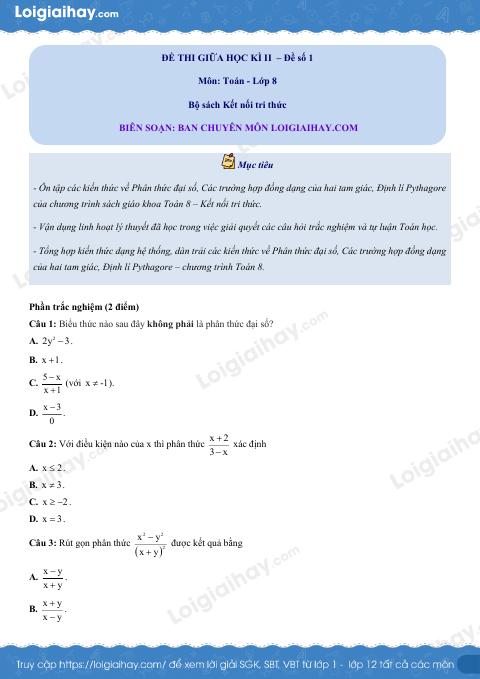 Đề thi giữa kì 2 Toán 8 - Đề số 1 - Kết nối tri thức
